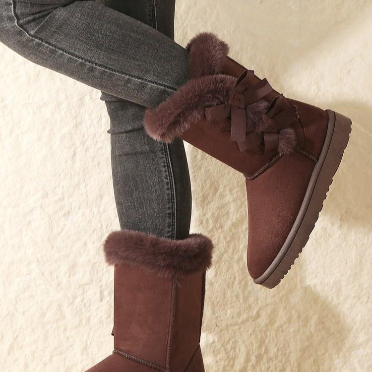 Women Flock Fluffy Suede Snow Boots Cute Butterfly Round Toe Warm Boots Autumn Winter Thick Sole Platform Cotton Shoes