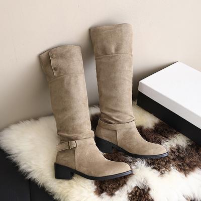 Мода 2025 Женская обувь Винтажные женские ботфорты Модная обувь на низком квадратном каблуке Лаконичные слипоны Узкие длинные боты для женщин