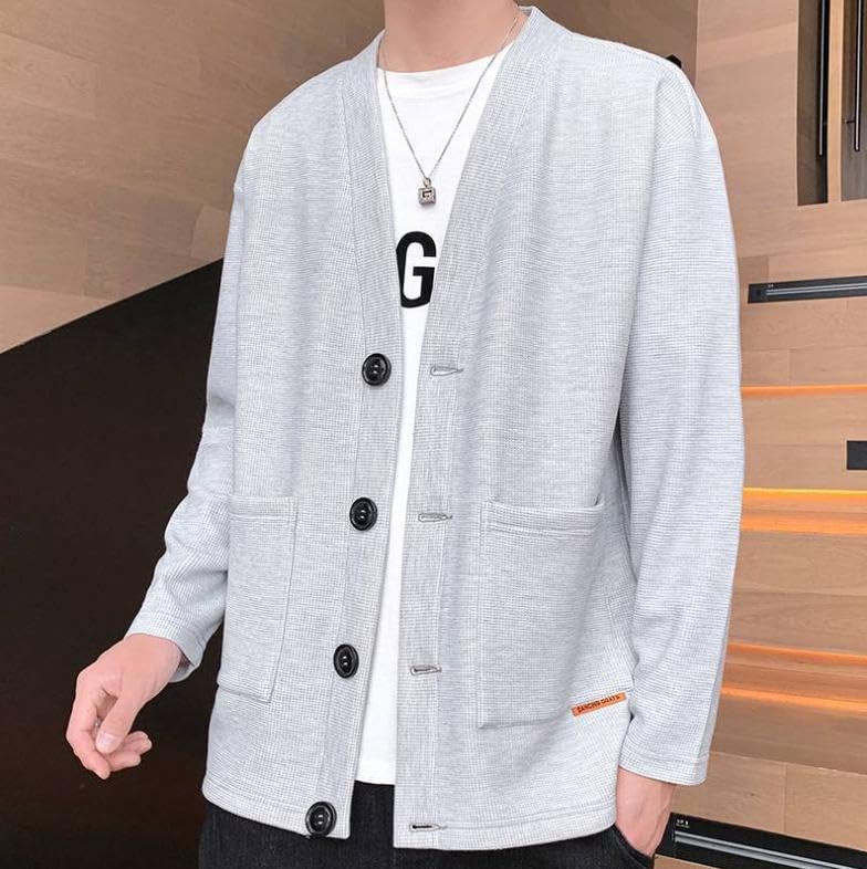 Emptio Simple Long Sleeve Korean Office Slim Half Washable Moe Waffle Light Gray Men's Cardigan, Washable, Warm, Knit, Oversized, Stylish, Wear, Fit,