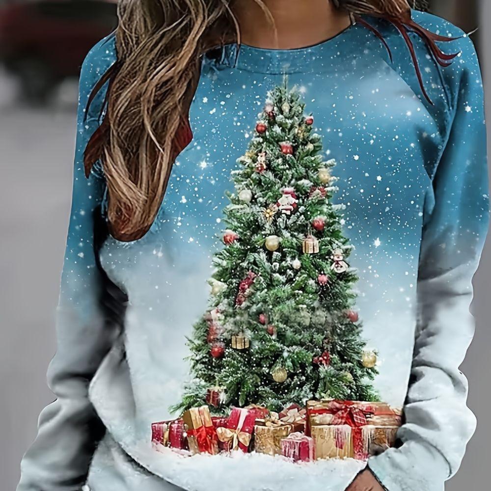 Colorful Christmas Tree Print Long Sleeved High-quality Top Comfortable And Casual Women's Top For Autumn And Winter Breaks