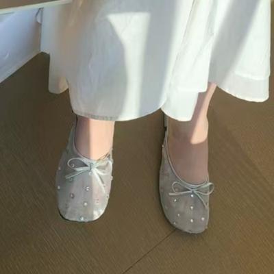 Женские туфли на низком каблуке с круглым носком, с мелким вырезом, из хрустальной сетки, с бантом-бабочкой, на мягкой подошве, противоскользящие, износостойкие тапочки