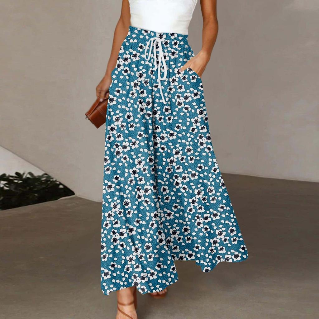 Женские широкие брюки с высокой талией, летние повседневные свободные брюки с карманами, пляжные брюки с принтом