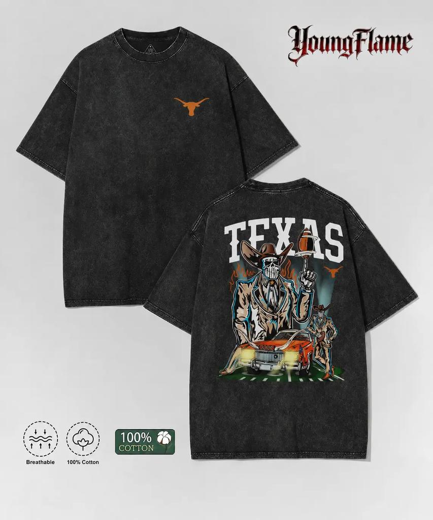 Unisex Retro Texas Longhorn Skull Wasteland Biker Aesthetic Casual Cotton T-Shir