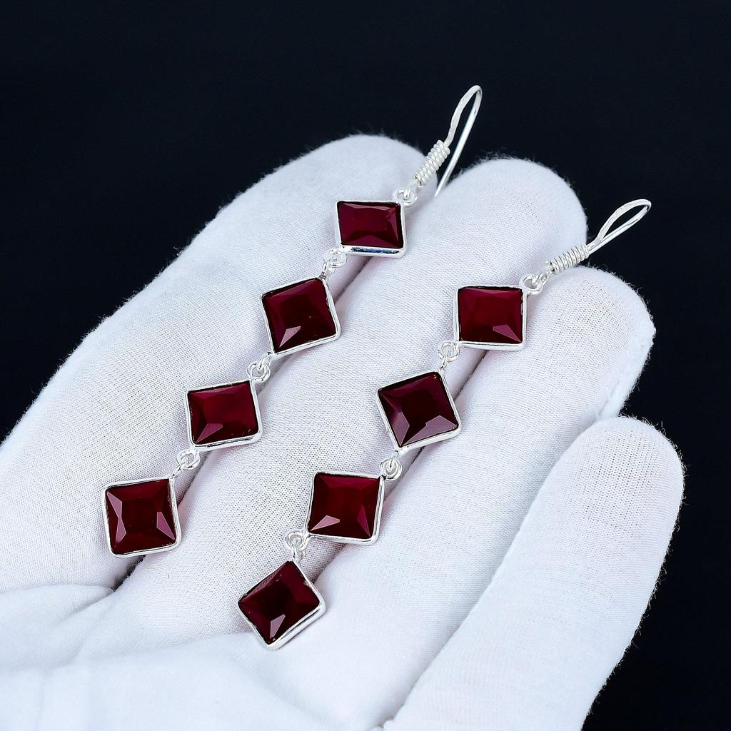Red Ruby Gemstone Earrings, 925 Sterling Silver Earrings, Handmade Silver Earrings For Gift, Red Ruby Dangle Earrings Christmas Gift