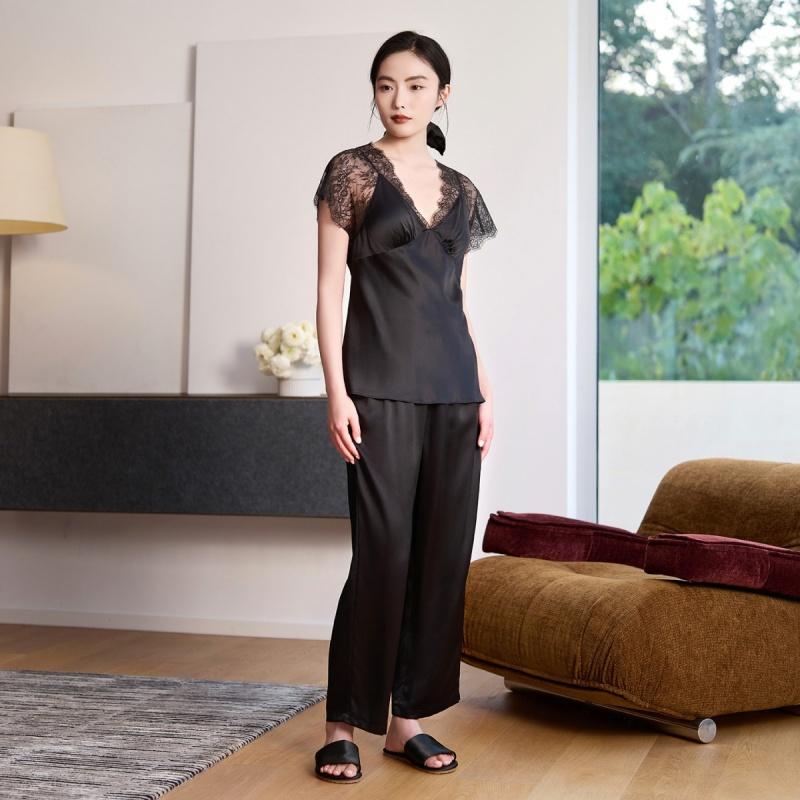 New 19mm stretch silk home suit set, luxurious and high-end with chest cushion, silk sleepwear for women