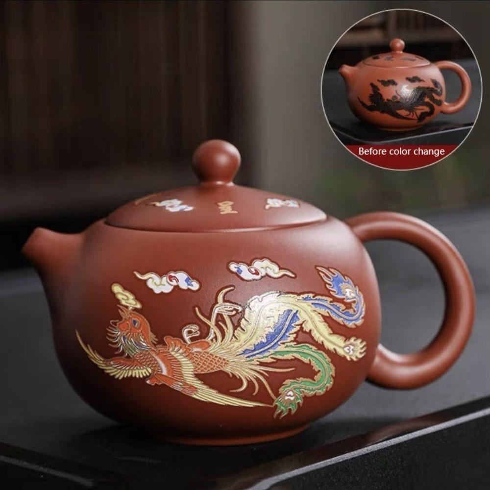 Hand-made Changes Color Purple Clay Teapot Dragons Phoenixs Pattern Tea Infuser  Living Room
