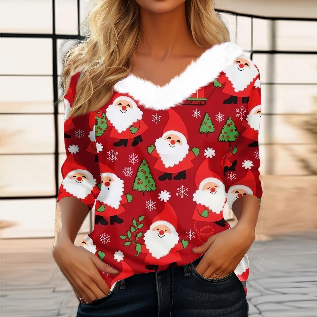 Женская мода с длинным рукавом и рождественским принтом, праздничный воротник, V-образный вырез