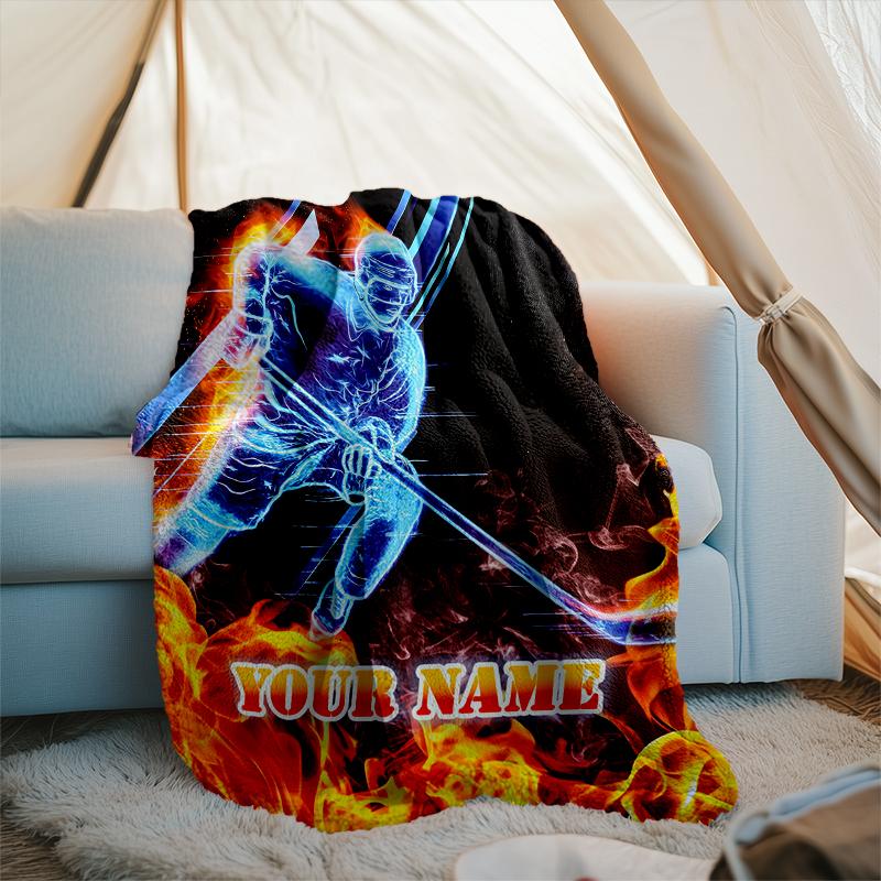 1PC Custom Name "Flame Hockey Player Artwork" outdooor Flannel blankets Patterns Throw Blanket All-Season Soft Gift for Couch, Bed, Camping gifts
