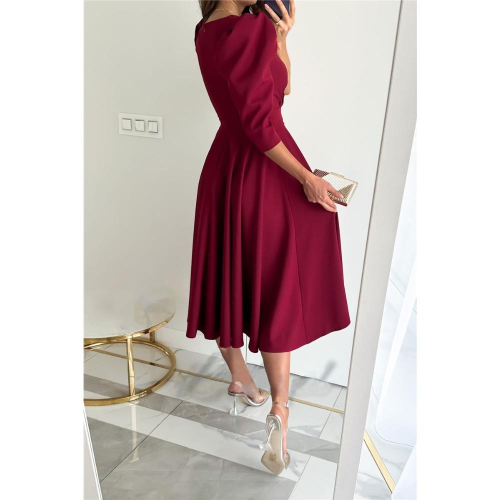 GMXIA Women's Fashion Spring Autumn Solid Color Print Long Sleeve V-Neck High Waist Casual Dresses