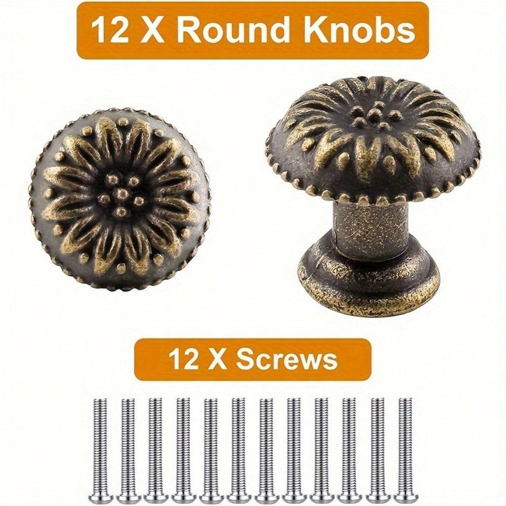 12pcs Vintage Mini Jewelry Box Knobs,Bronze Flower Pattern Mini Knobs,Vintage Mini Cabinet Knobs with Mounting Screws