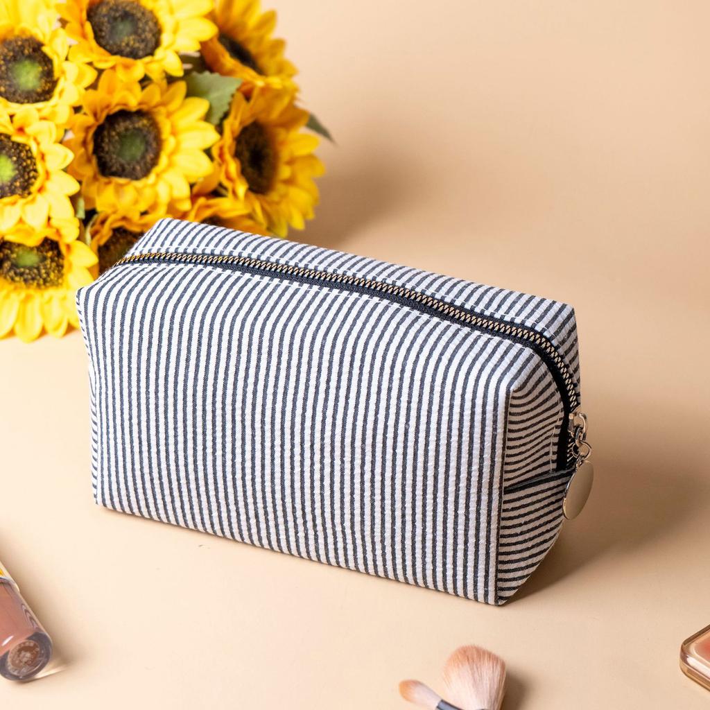 Striped Embroidered Travel Cosmetic Bag Portable Toiletry Organizer for Women Makeup Storage Pouch