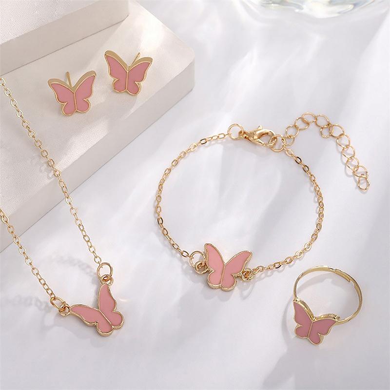 1Set Fashion Exquisite Simple Versatile Butterfly Necklace Bracelet Earrings Ring For Women Girls Wedding Party Jewelry Set Gift