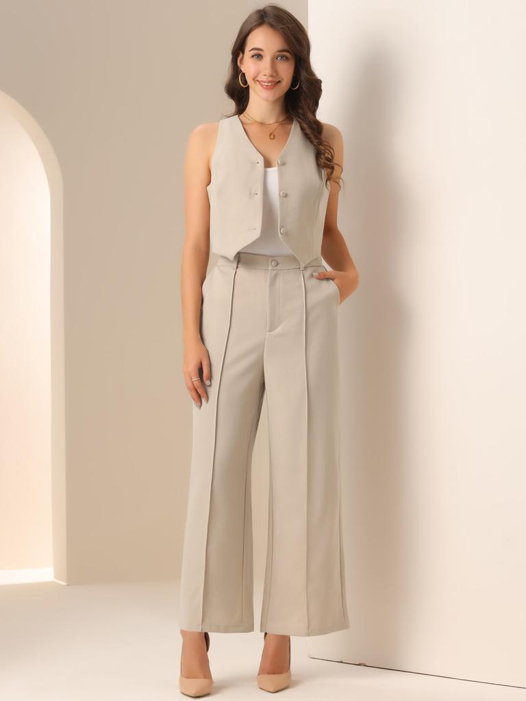 Allegra K Women's Casual Sleeveless Crop Top with V-Neck and Wide Leg Pants, Two-Piece Sweatsuit, Apricot, Size M