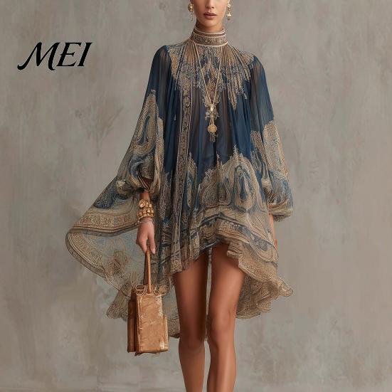 Elegant Casual Dress Boho Floral Print High Neck Irregular Chiffon Mini for Women, Lantern Sleeve Long Flowy Party Cocktail Dress, Summer Beach