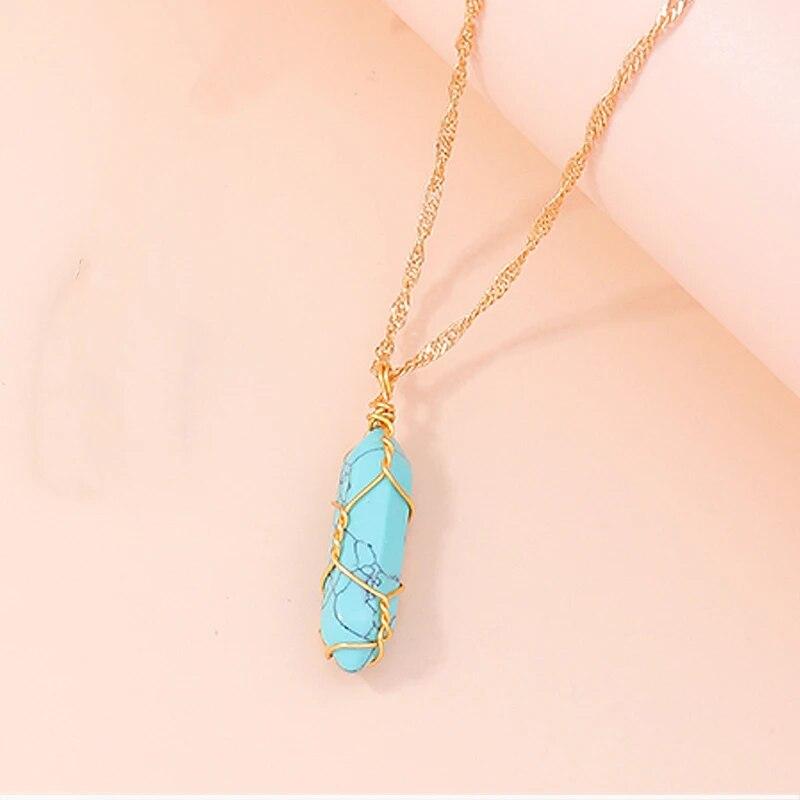 Натуральный камень, кварц, лазурит, опал, аметист, розовый хрустальный камень, шестиугольная колонна, кулон, ожерелья, кожаная цепочка, ожерелье-пуля