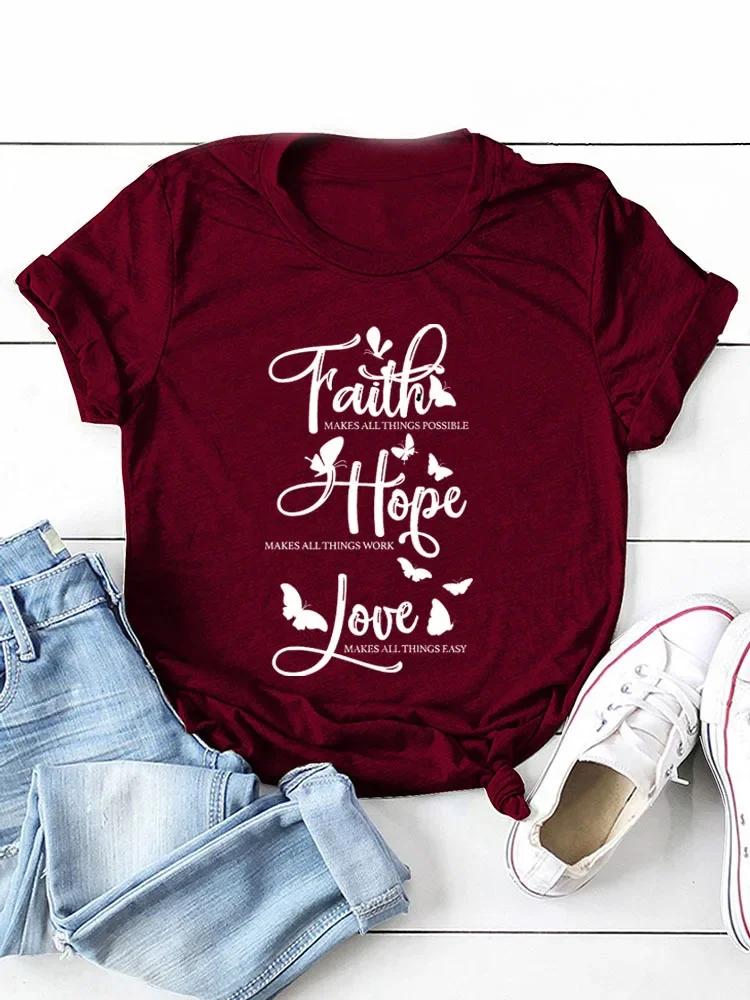 Вера Надежда Любовь Принт Бабочки Женская Футболка Короткий Рукав Круглый Вырез Свободная Женская Футболка Женская Футболка Топы Camisetas Mujer