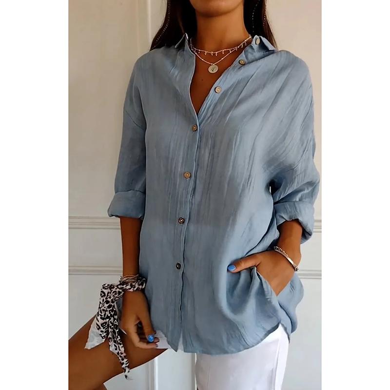 Новая модная однобортная повседневная рубашка больших размеров для женщин с отложным воротником, свободные женские однотонные блузки, топы, рубашки с длинным рукавом на весну и осень 25997