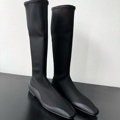 Черные плоские квадратные носки внутри, высокие эластичные сапоги, женские модные тонкие эластичные сапоги до колена, зимние теплые удобные туфли