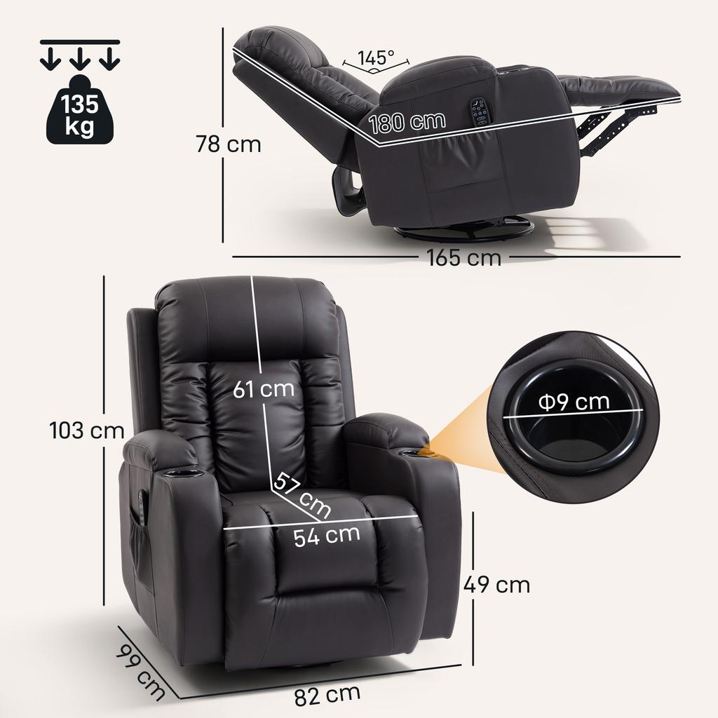 Массажное кресло с функцией качания, наклона и подогрева, 3 режима, поворотное, темно-коричневое