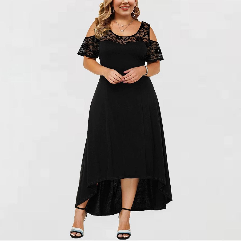 Women's Summer Dresses Off Shoulder Lace Trim Elegant Oversized Solid Dress
