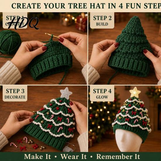 Parent Child Interaction Craft Christmas Tree Crochet Hat DIY Kit Beginner-Friendly Light-Up Kit Complete with Yarn Tools Guide for Holiday