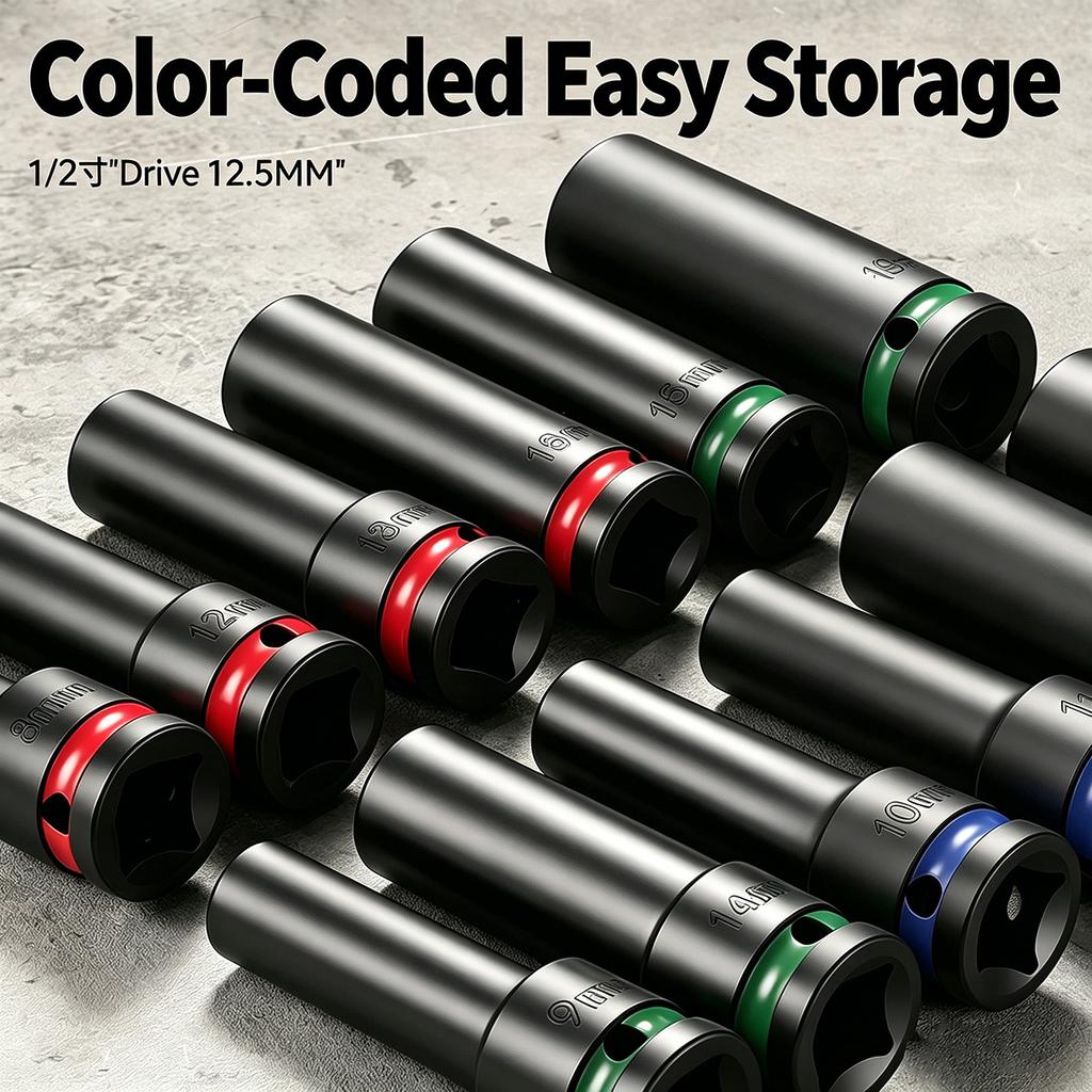 1/2 Inch Drive Deep Impact Socket Set Metric 8-32mm Pneumatic Wrench Tire Removal Auto Motorcycle Repair Hand Tool Kit Colorful