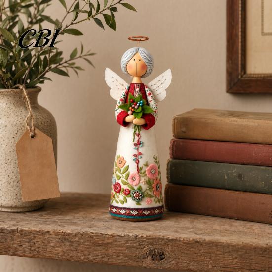 Artistic Home Decor Vintage Floral Figurine Ornament, Hand Carved Flower Angel Statue, Decorative Handcrafted Piece Table Decoration for Living