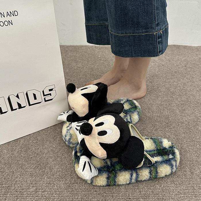 Мультяшные объемные тапочки Микки, женские, 2025, новые осенне-зимние, для улицы, теплые хлопковые тапочки с полузакрытым носком