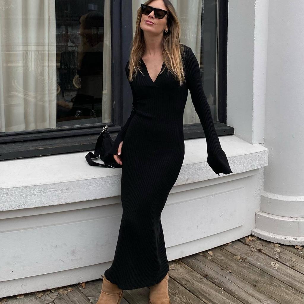 Белое трикотажное платье с высокой талией, модное женское платье с лацканами в рубчик, осень 2023, тонкое элегантное длинное платье, повседневное вязаное однотонное праздничное платье