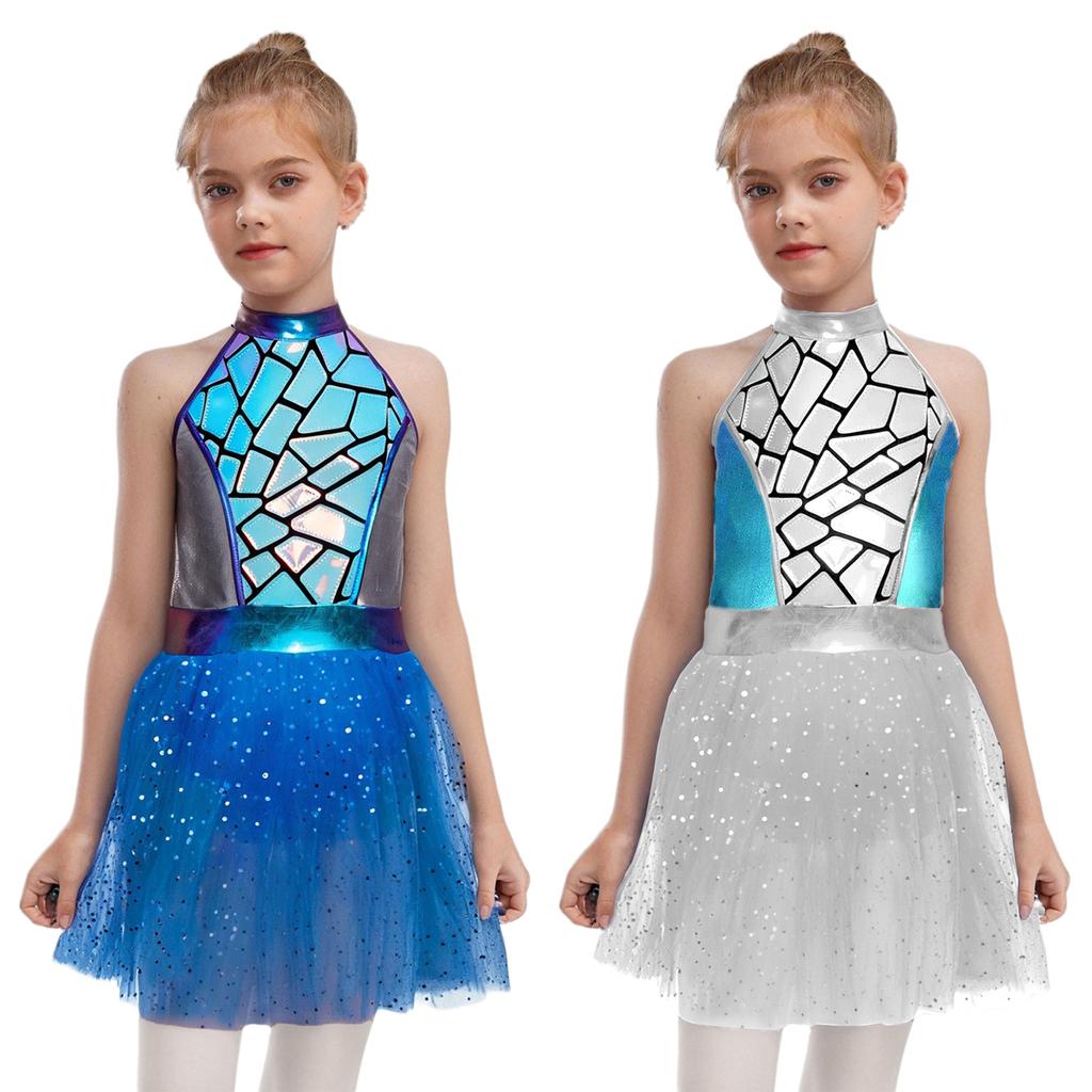 Girls Alien Costume Sequins Shiny Metallic Halter Sleeveless Built-In Crotch Press Buttons Briefs Mesh Tutu Dress