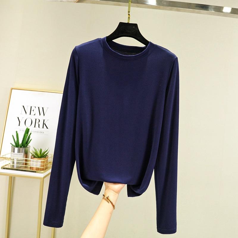 Модальная однотонная базовая футболка с круглым вырезом и длинными рукавами, женские осенние футболки, универсальные футболки, майка больших размеров