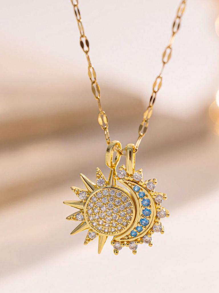 1pc Stainless Steel Partial Sun & Partial Moon Design Necklace, Creative Fashion Daily Elegant Casual Gift For Valentine's Day, Christmas, Party Wear