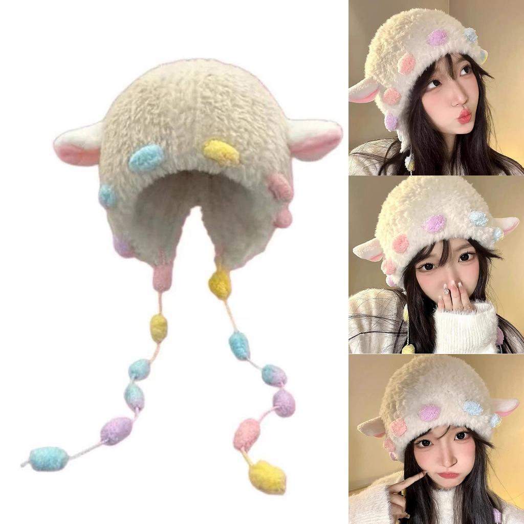 Lovely Plush Sheep Ear Hat with Warm Earflap Winter Activity Hat for Women Girl Pullover Hat Ear Protective Trapper Hat