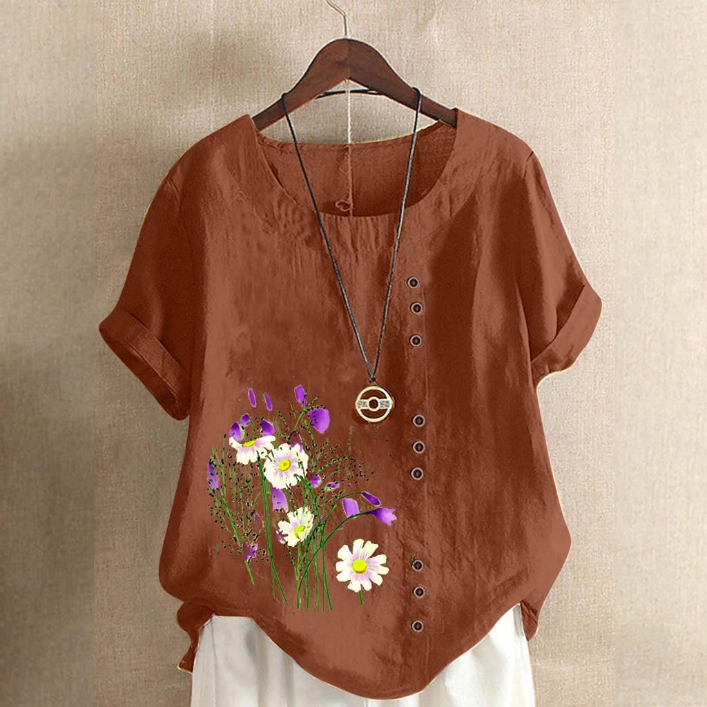 Женская рубашка с короткими рукавами, однобортная, с принтом, из хлопка и льна, с короткими рукавами, круглым вырезом, разрезом по низу