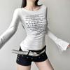 Spicy Girl Basic Knitted Slim Fit Round Neck Letter Printed Slit Long Sleeved T-shirt for Women