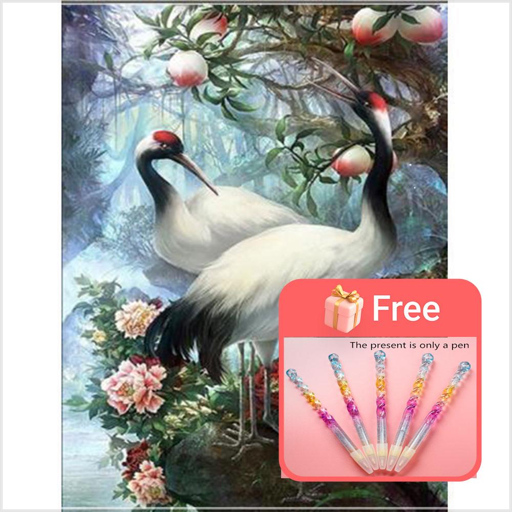 Huacan 3D Diamond Embroidery Red-crowned Crane Painting Cross-stitch Round Rhinestone Painting Wall Sticker