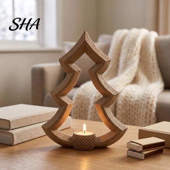 Unique Holiday Gift for Friends Christmas Tree Tea Light Candle Holder, 3D Printed Hollow Wood Elegant Shadow Tabletop Ornament Party Home Decor,