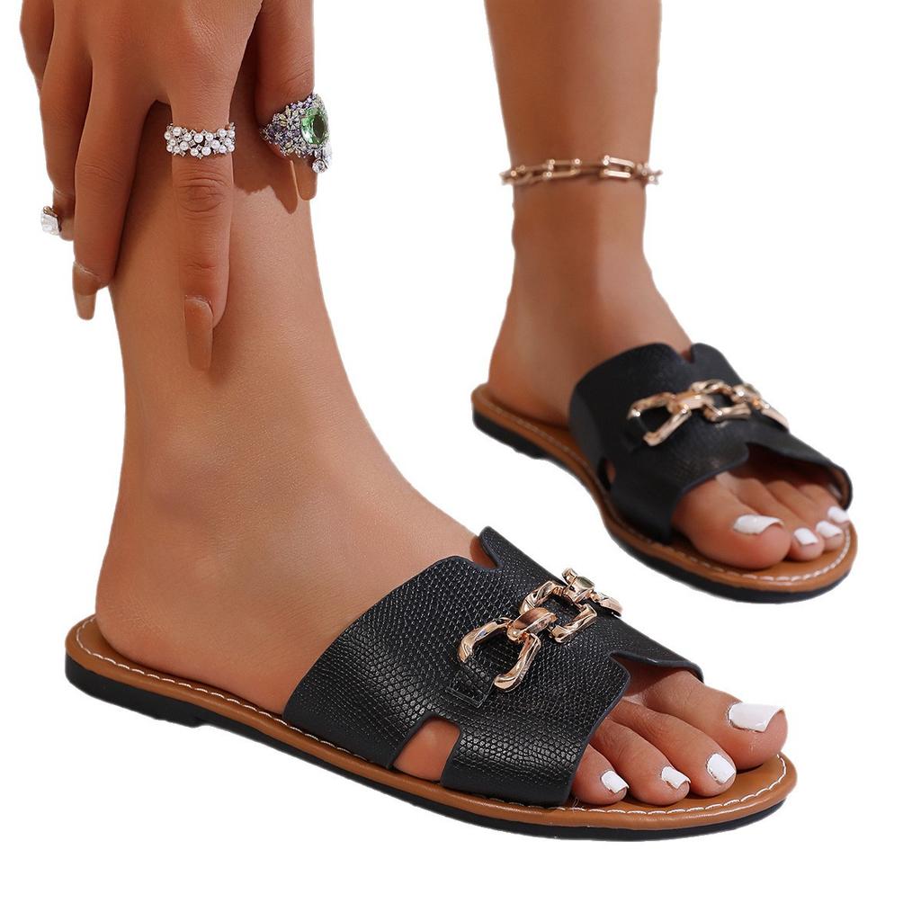 Летние новые шлепанцы большого размера, женская мода, металлическая цепочка, квадратный носок, плоская подошва, крутые шлепанцы