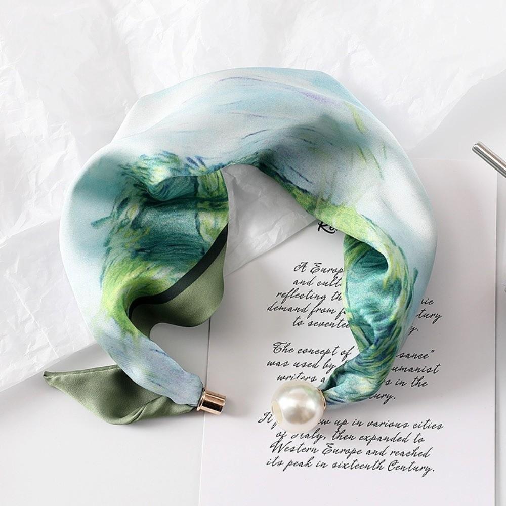 New Pearl Buckle Silk Scarf Printed Soft Neck Scarf Lightweight Thin Neckerchief Women
