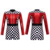 Kids Girls Long Sleeve Checkerboard Printed Jumpsuit Biketard Race Car Driver Cosplay Costume for Halloween Gymnastics Dance