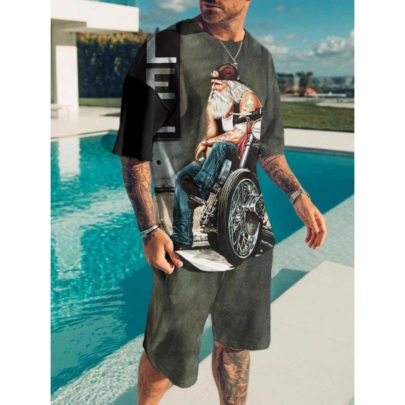 Модный Повседневный Отпуск Летний Мужской Костюм Принт Черепа 3D Спортивная одежда Костюм с коротким рукавом Футболка оверсайз с круглым вырезом Шорты 2 предмета