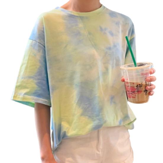 Женская милая футболка Tie Dye O шеи с коротким рукавом, базовая рубашка, свободный топ