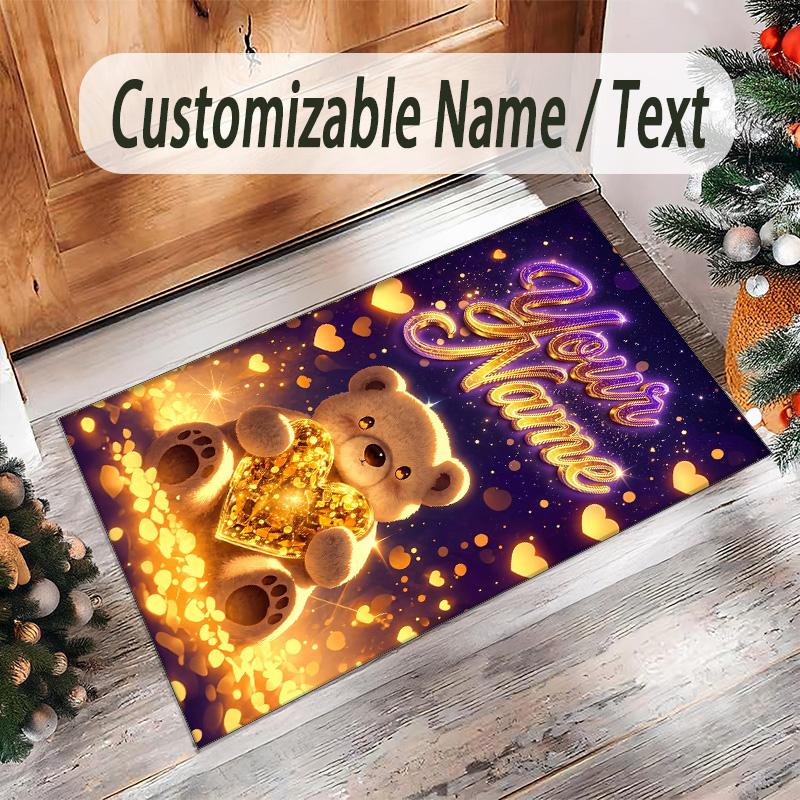 Teddy Bear Theme Crystal Velvet Rug Personalized Custom Name Text Soft Floor Mat Home Decor