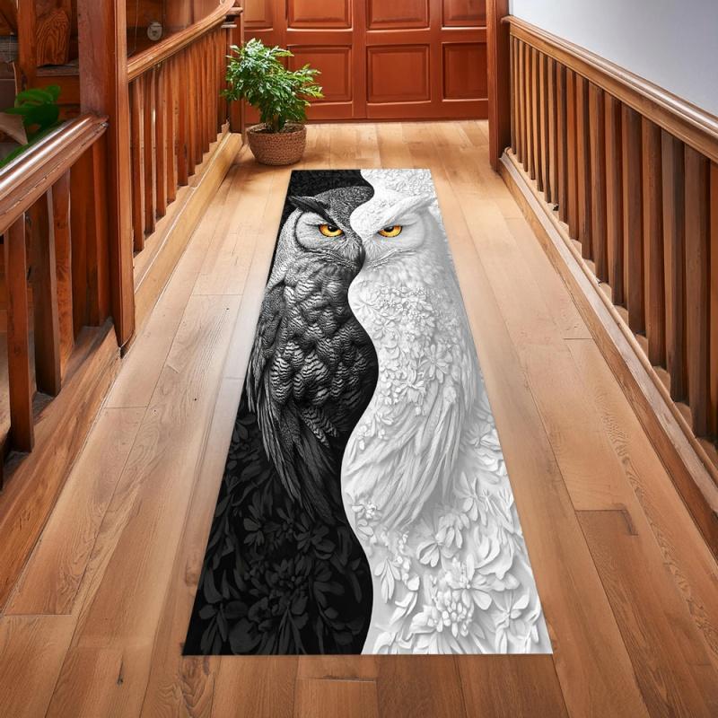 Vintage Day Night Owl Forest Runner Rug Non Slip Long Hallway Carpet Mystic Tree House Animal Print Floor Mat