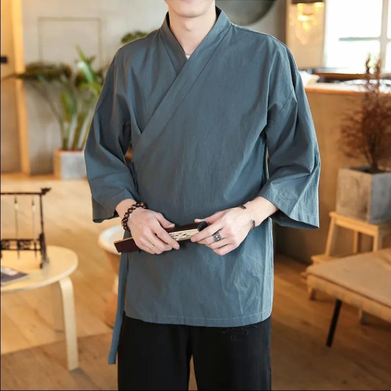 Однотонное мужское кимоно, японская уличная одежда, мужская японская одежда, рубашка, блузка, корейская одежда, кардиган