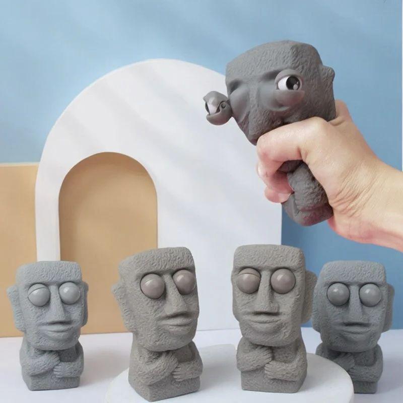 Мягкая фигурка-камень с медленным возвратом, антистресс - Сжимаемая, подвижные глаза, забавная мимика, стиль Моаи, расслабляющий подарок для детей