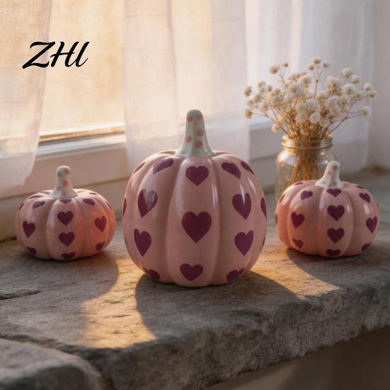 Valentine Day Home Decor Pink Ceramic Pumpkin with Heart Pattern, Artificial Figurine, Figurine Set Fall Tabletop Ornaments for Harvest, Thanksgiving,