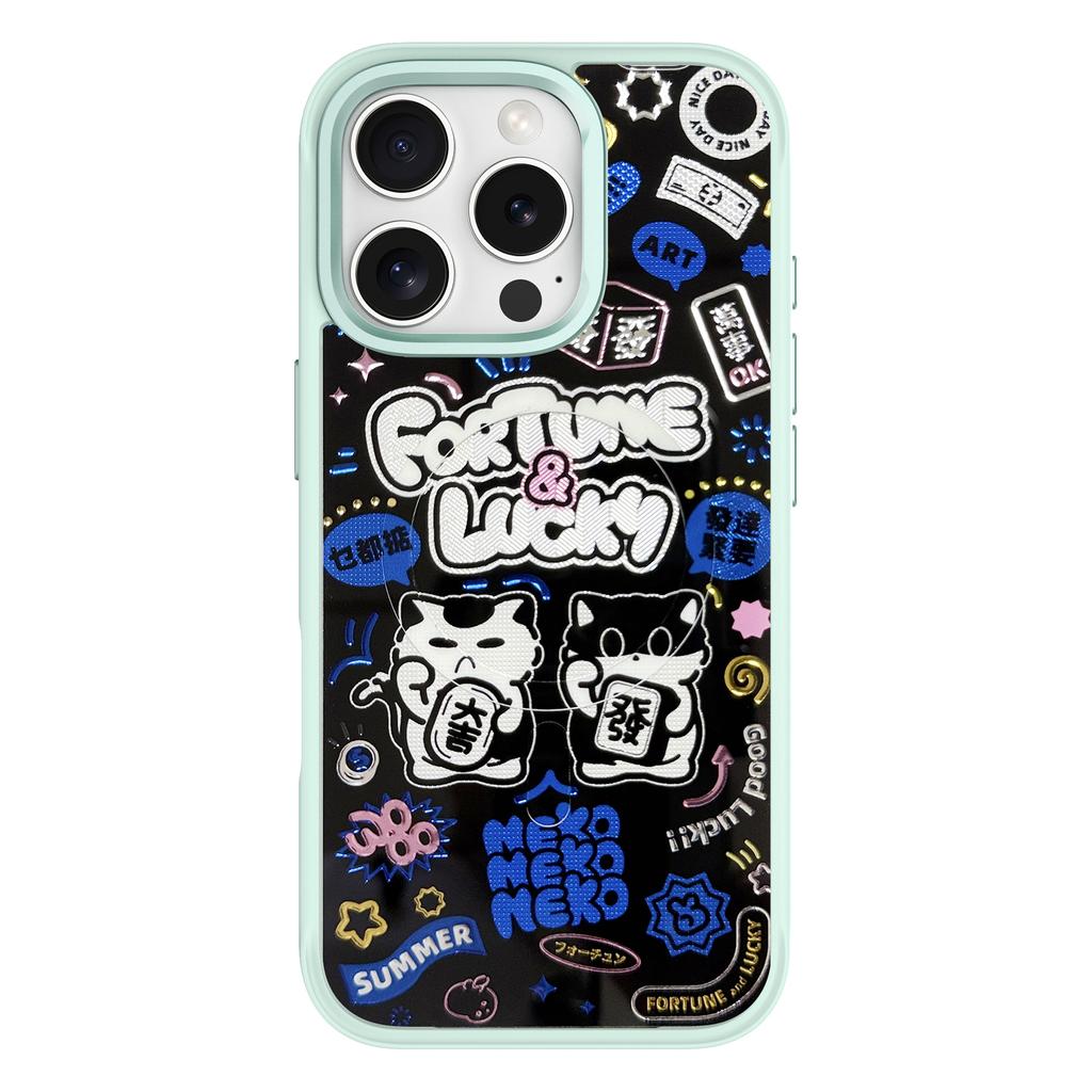 For iPhone 16 Pro Magnetic Case TPU PC Phone Cover with Detachable Blue Lucky Cat Backplate