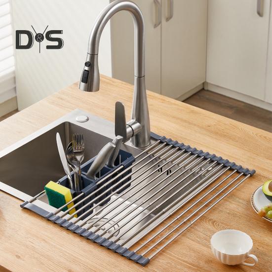 Расширяемая сушилка для посуды, сворачивающаяся, прочная, несущая, нержавеющая, регулируемая по длине сушилка для посуды для раковины