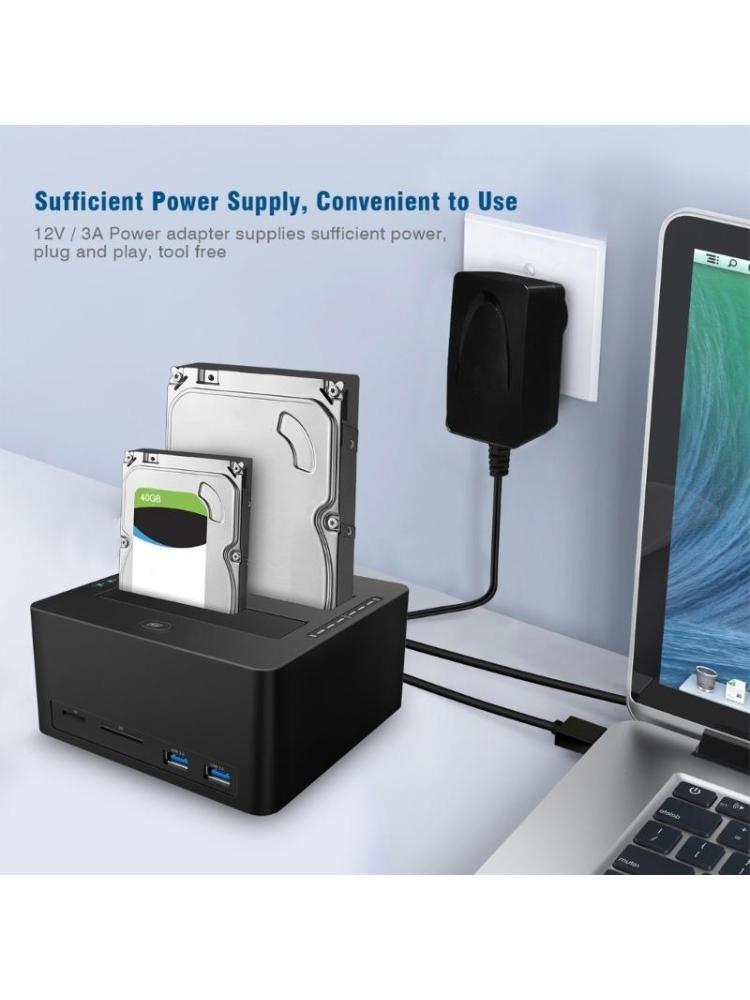 Двухслотовая док-станция Sata3.0 на USB3.0 для жестких дисков 2,5 и 3,5 дюйма с функцией автономного клонирования и кард-ридером